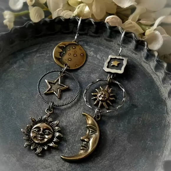 Sun Moon Stars Asymmetric Greek Mythology Handmade Creative Earrings - Picture 1 of 8